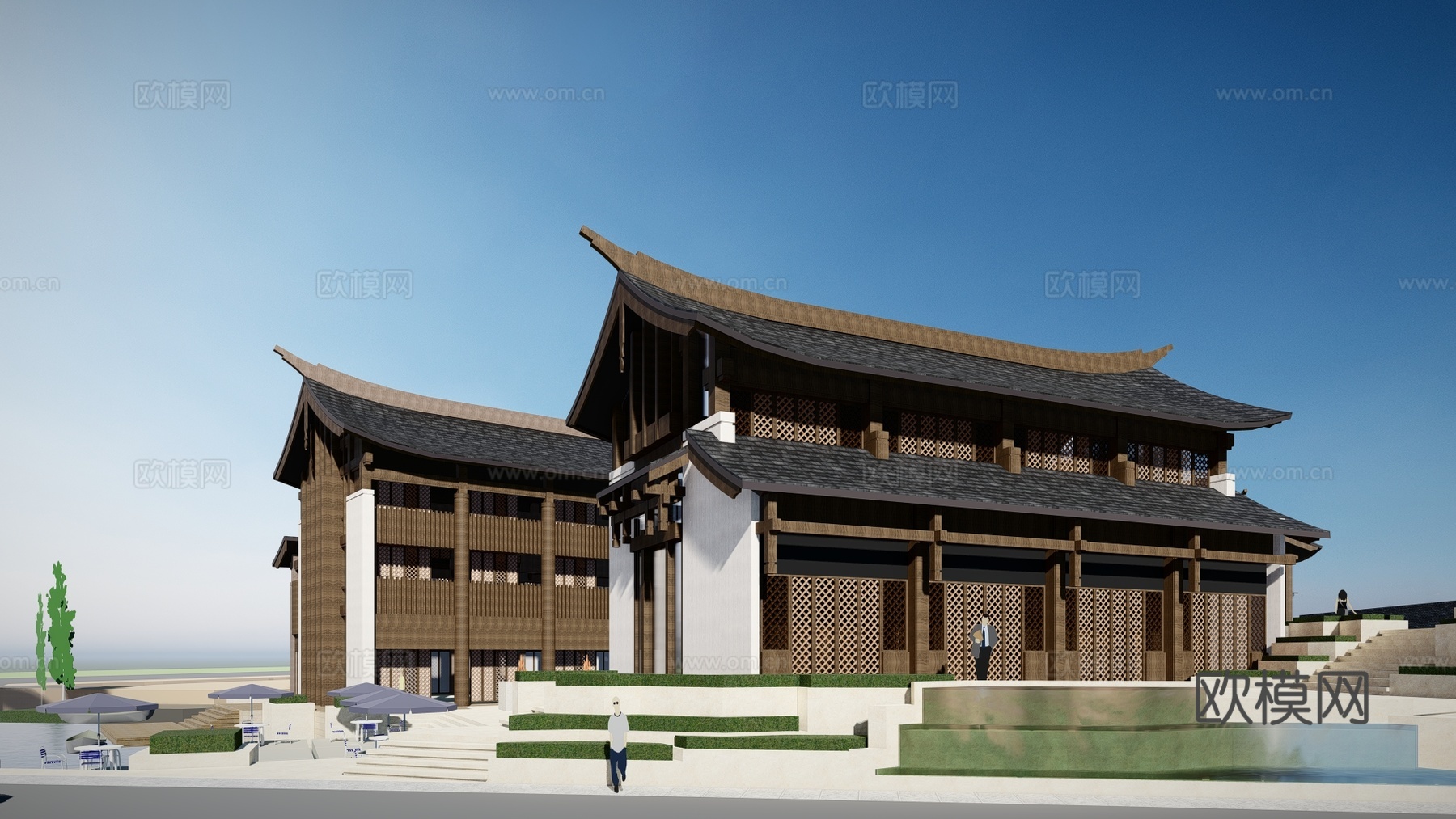 新中式酒店建筑外观su模型下载
