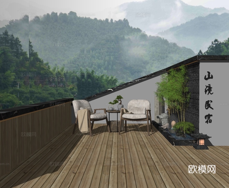 新中式屋顶花园su模型下载