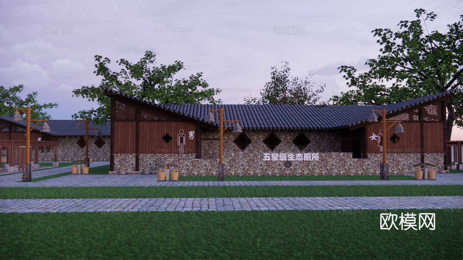 新中式公厕建筑外观su模型下载