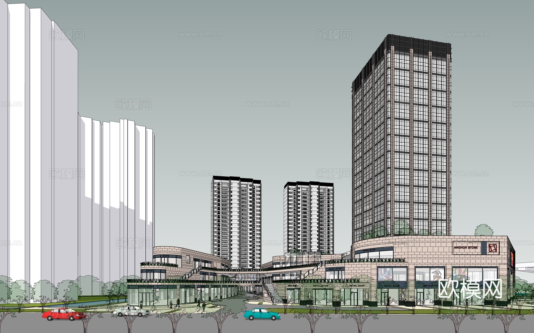 现代商业综合楼外观su模型下载下载（渲染图2）