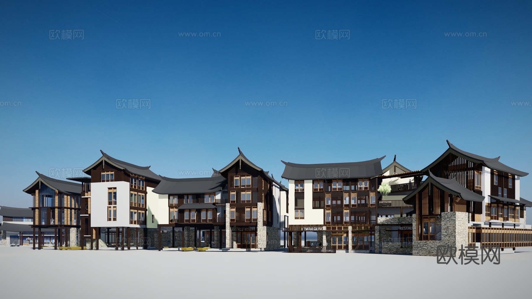 新中式酒店建筑外观su模型下载