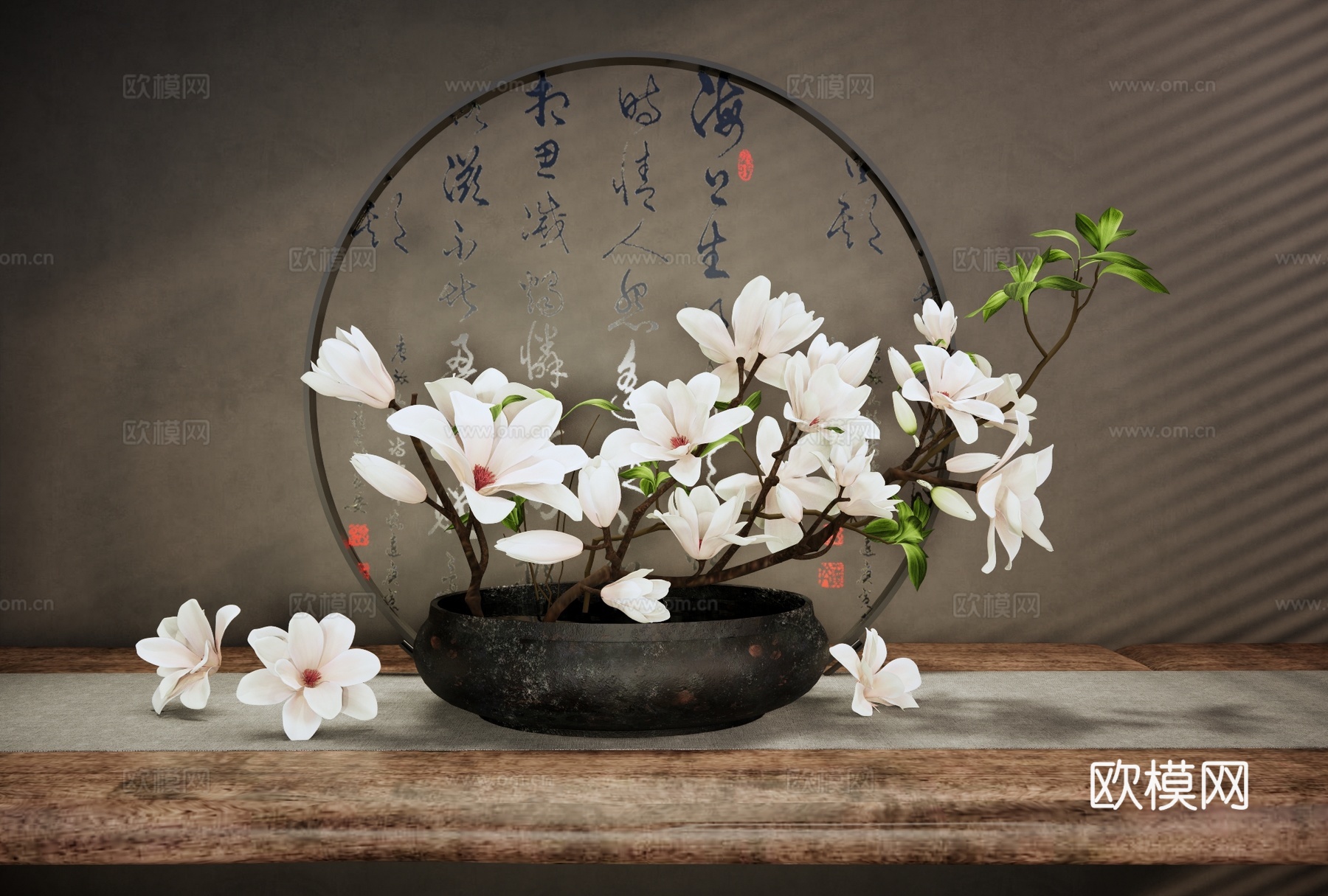 新中式花艺 新中式玉兰花插花 中式造型插花 新中式花瓶花艺su模型