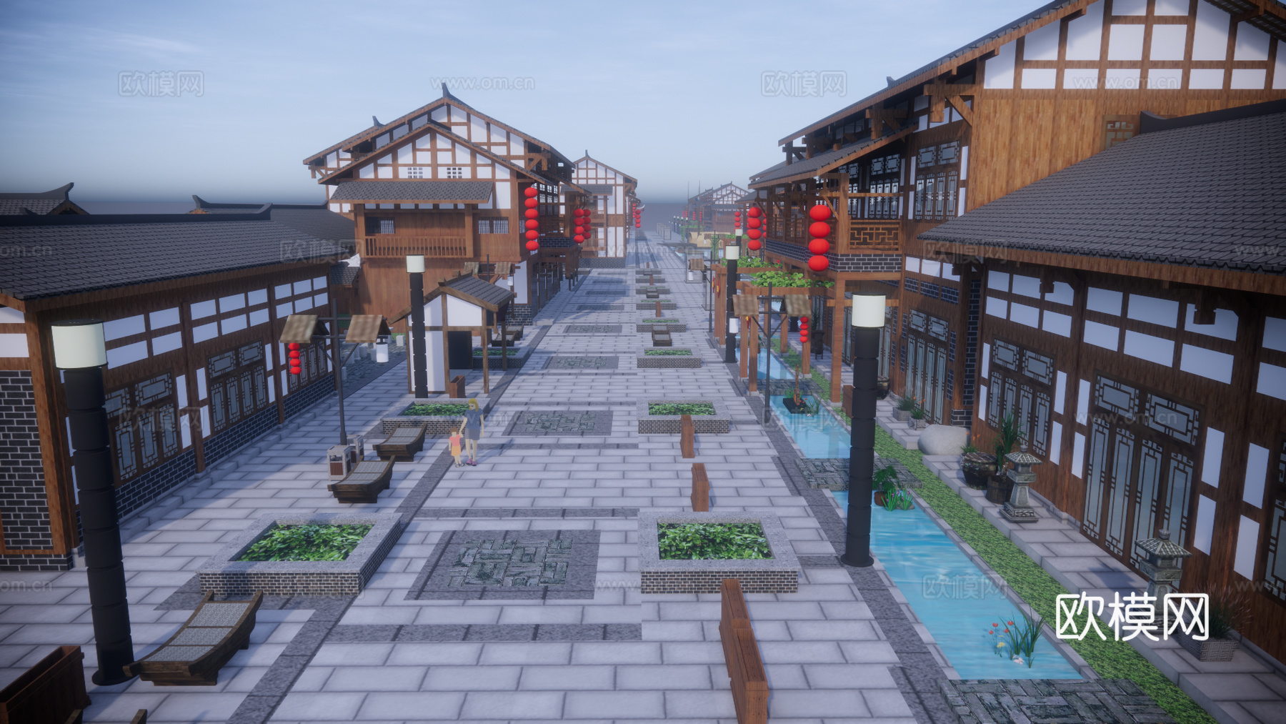 中式古建商业街su模型下载