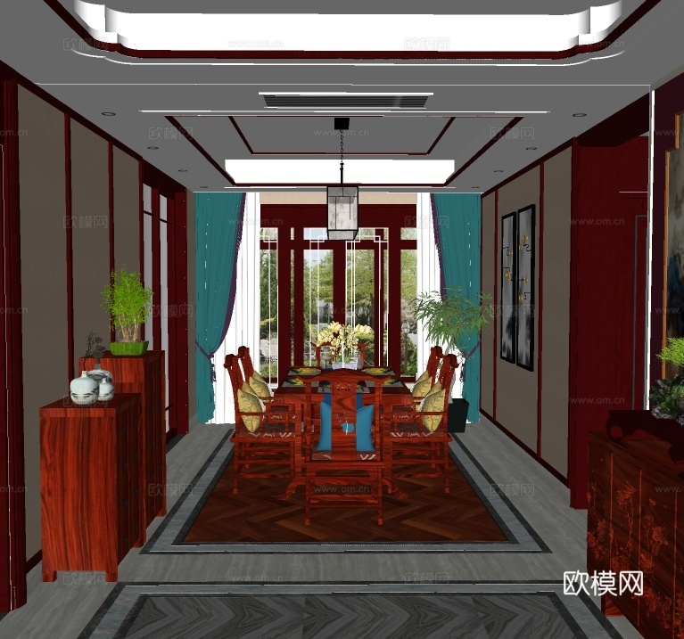 新中式餐厅su模型下载