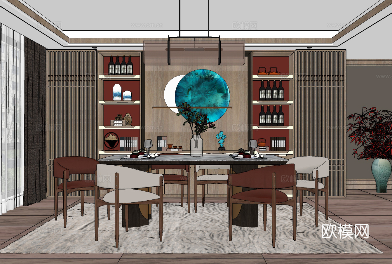 新中式餐厅su模型下载