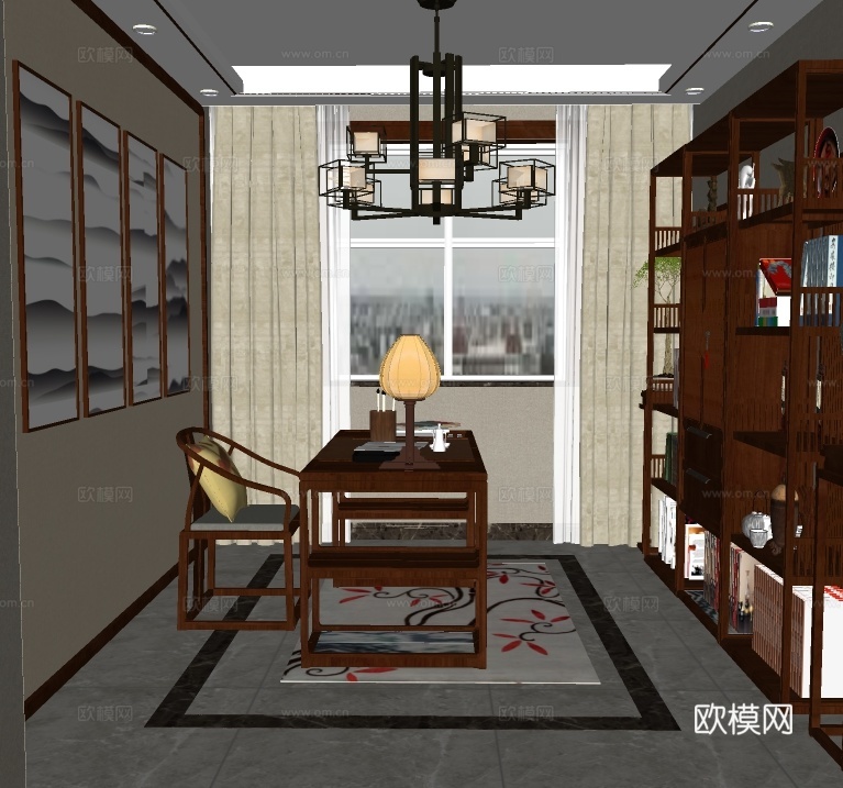 新中式书房su模型下载