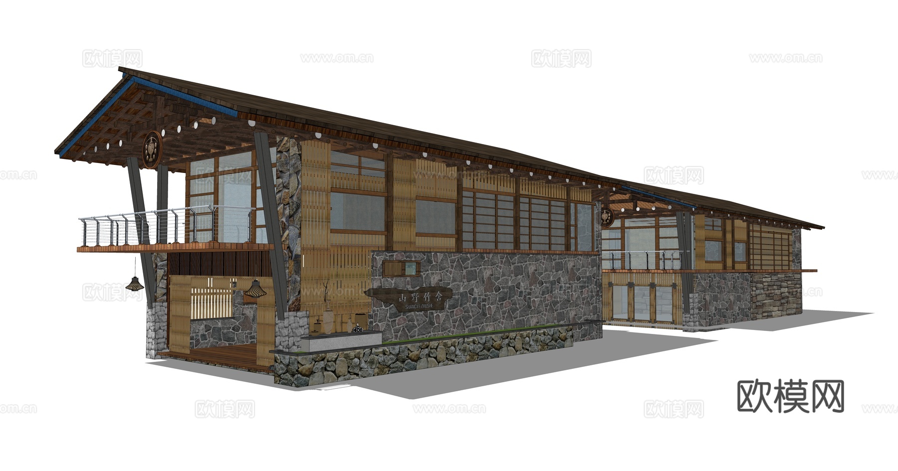 新中式民宿酒店建筑外观su模型下载