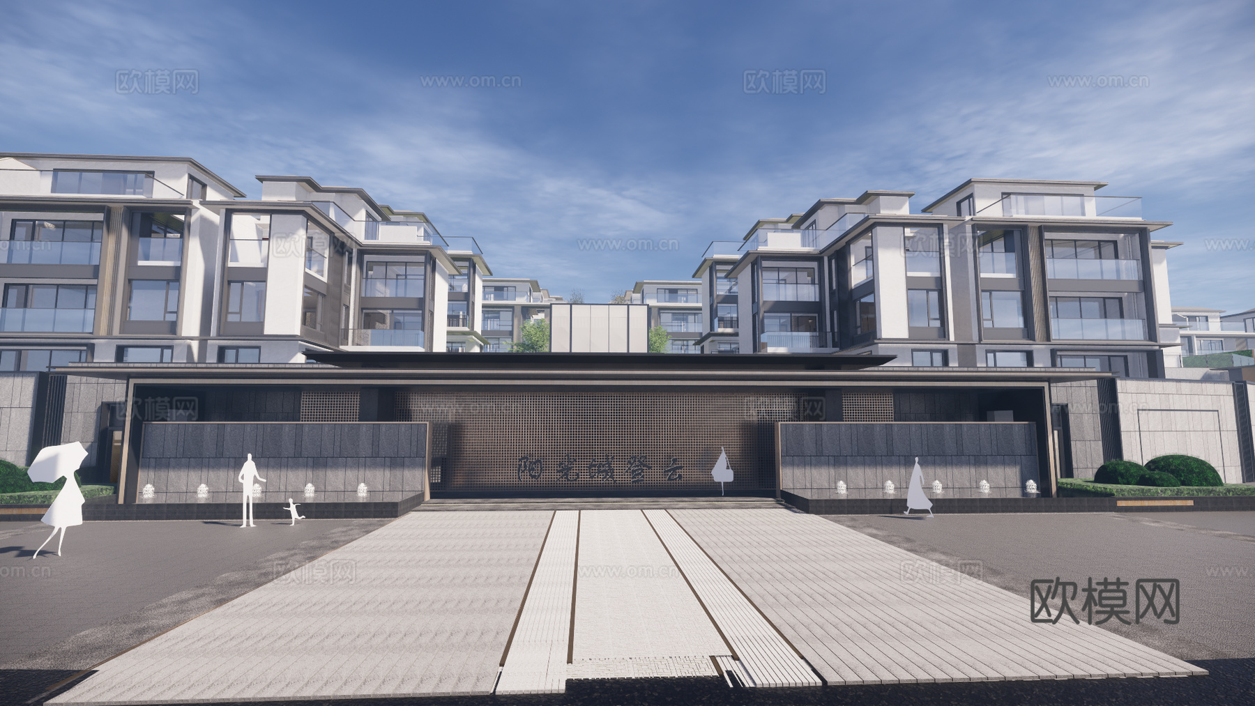 新中式小区景观墙su模型下载