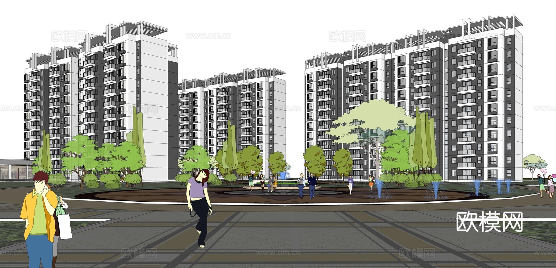 现代住宅小区建筑外观su模型下载
