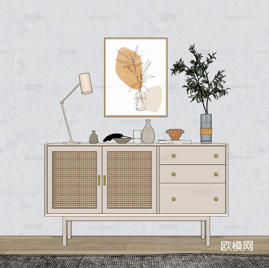 北欧藤编边柜su模型下载