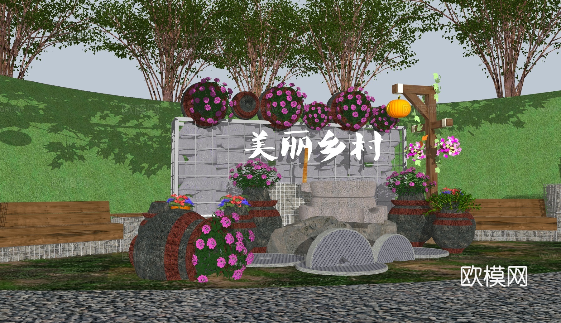 自然风乡村景观小品su模型下载