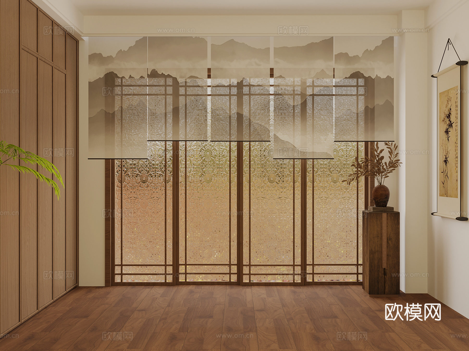 17新中式窗帘 花纹玻璃 花瓶 挂画3d模型