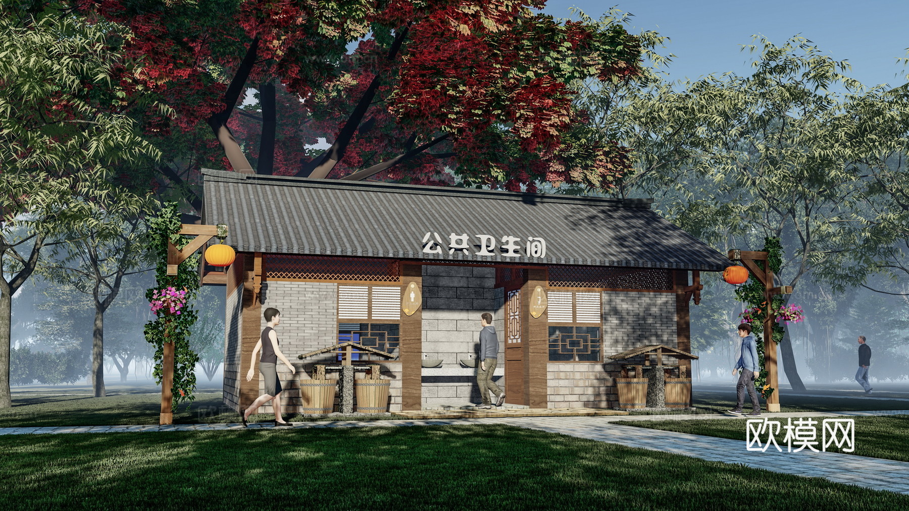 新中式公厕建筑外观su模型下载