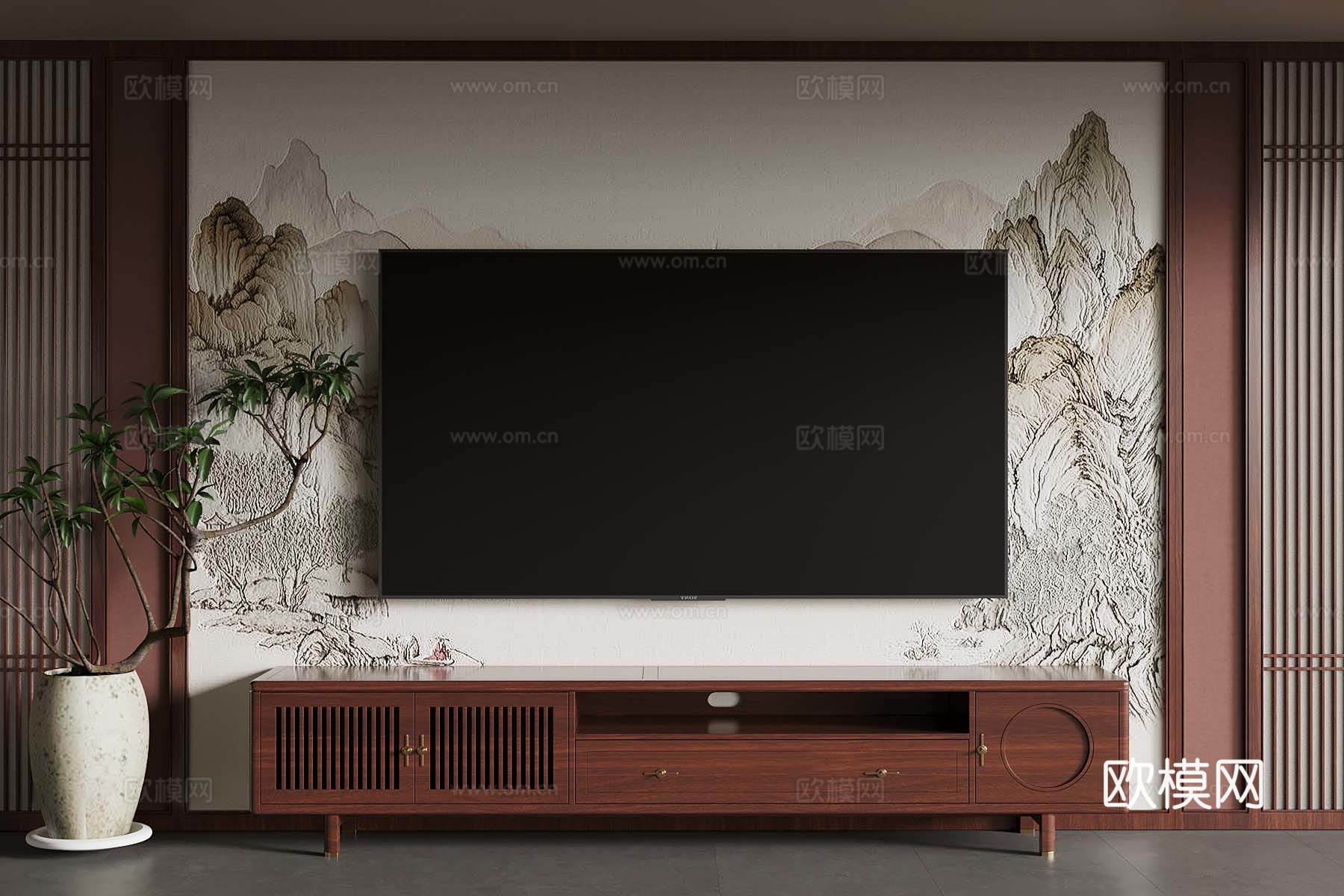06新中式电视柜 电视背景墙3d模型