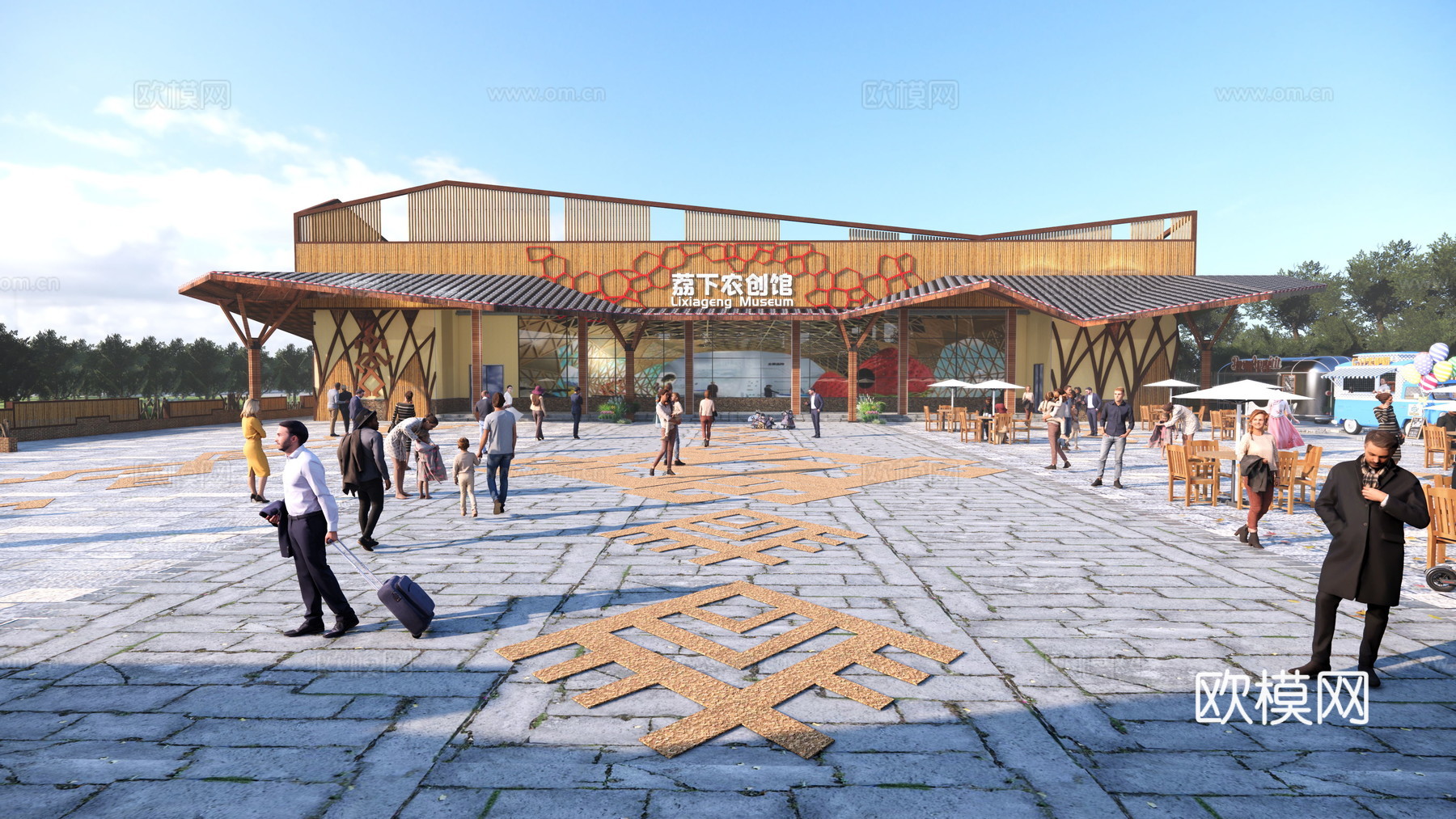 新中式展览馆外观su模型下载