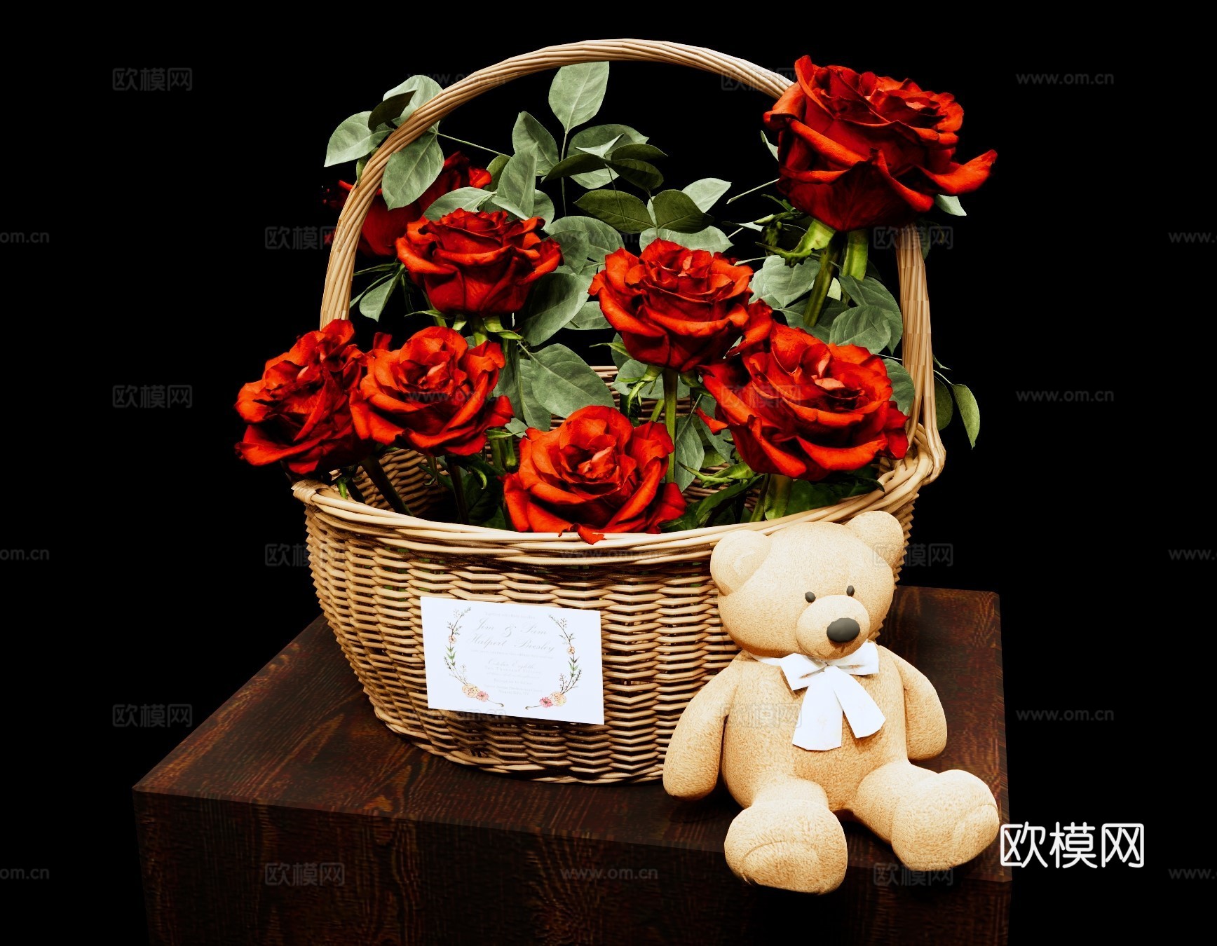 现代美陈 玫瑰花篮美陈 红玫瑰花篮 情人节玫瑰 花艺花篮美陈su模型