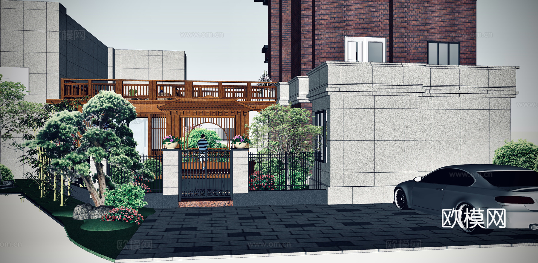 新中式露台庭院花园su模型下载
