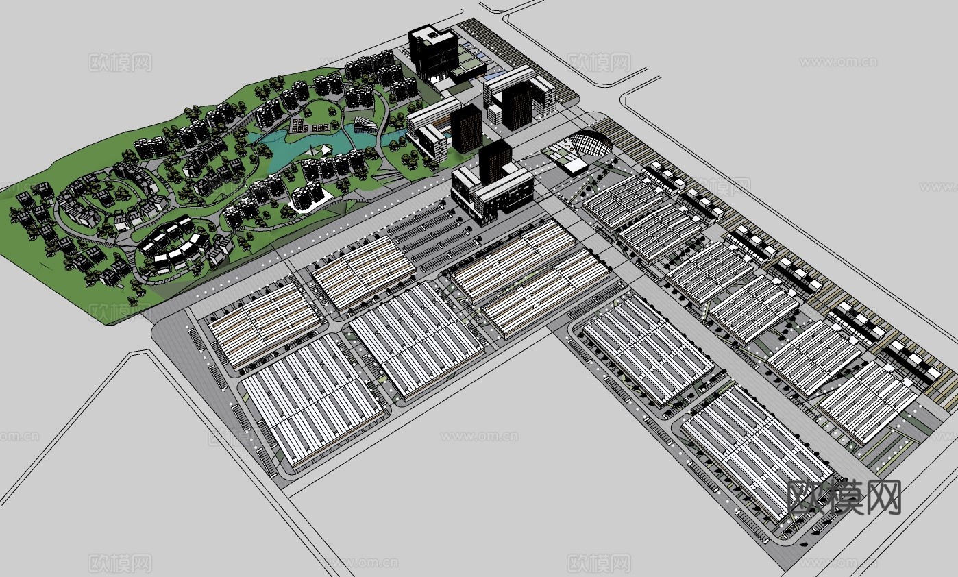 现代工业园建筑外观su模型下载