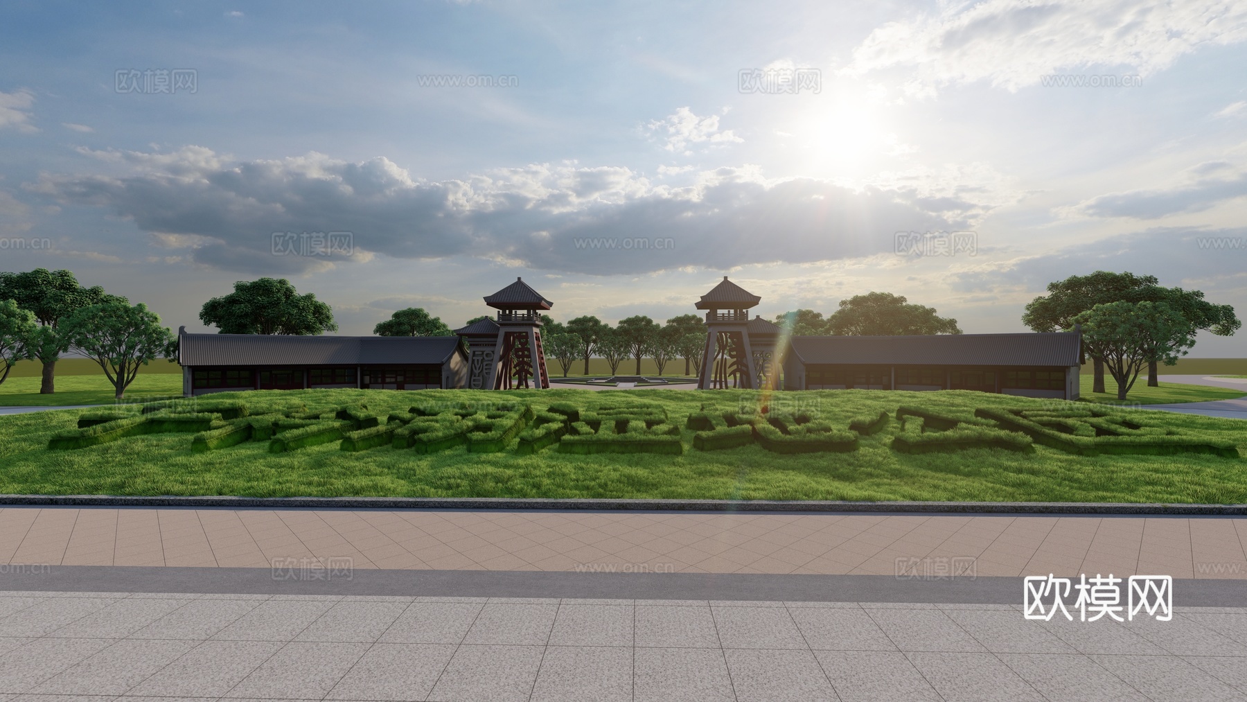 新中式湿地公园入口大门su模型下载