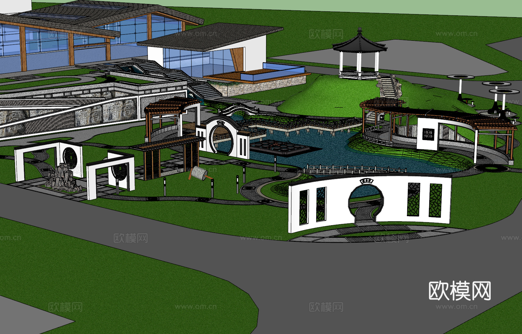 新中式售楼处园林su模型下载下载（渲染图5）