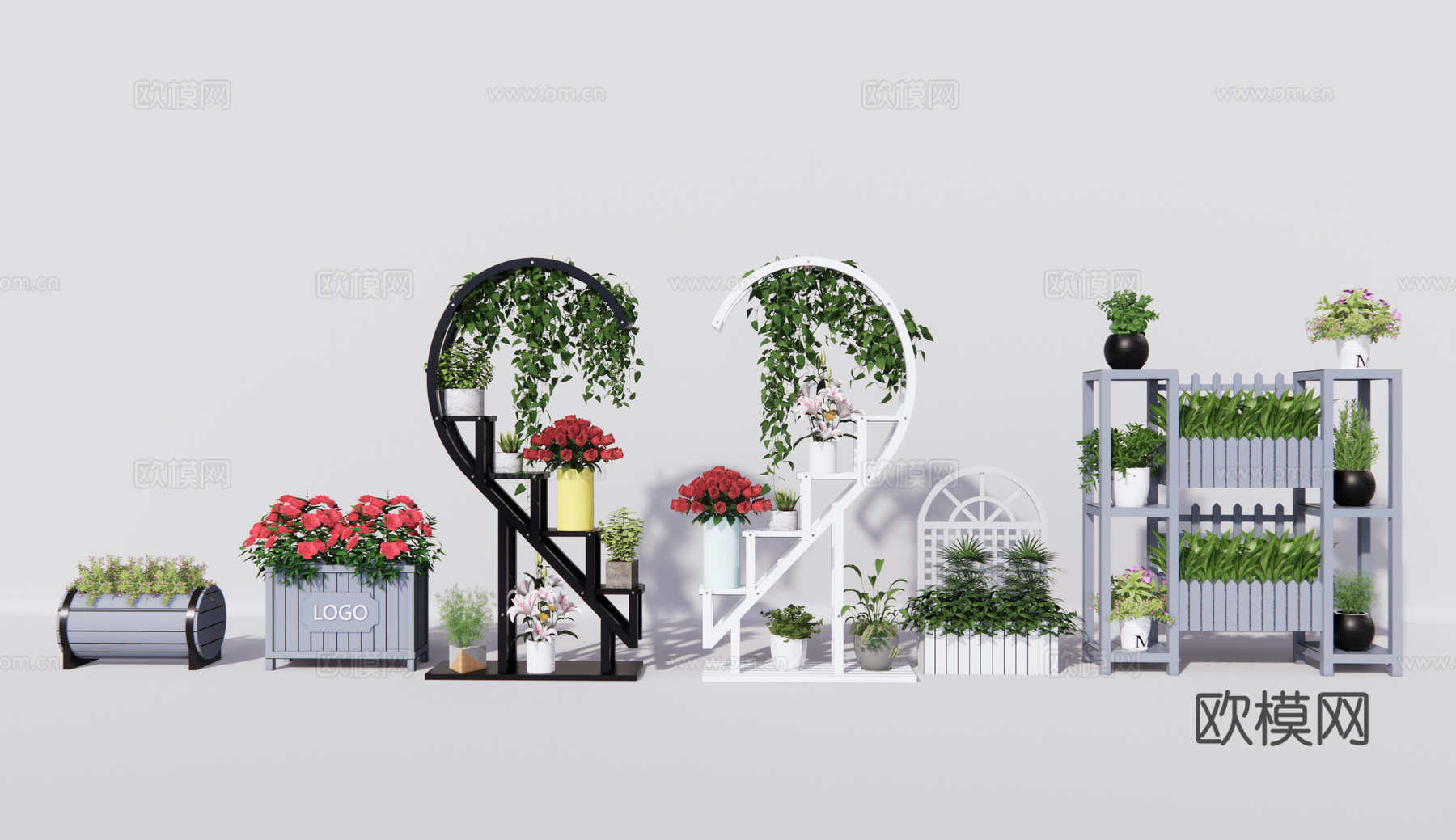 现代花箱花架盆栽su模型下载