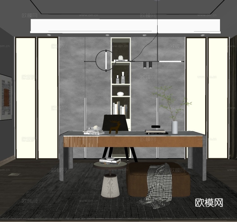 现代书房su模型下载