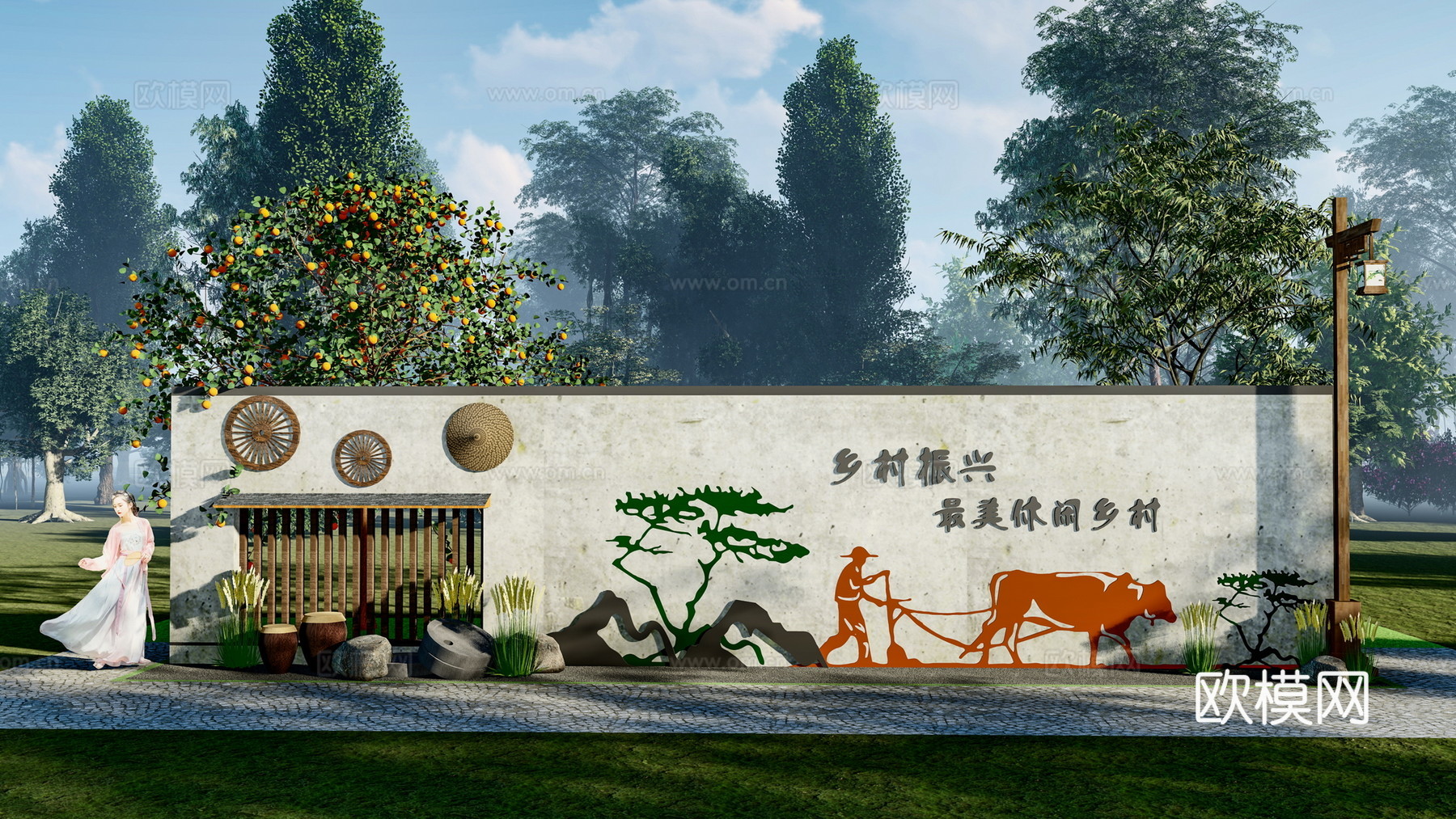 新中式乡村文化景观小品su模型下载