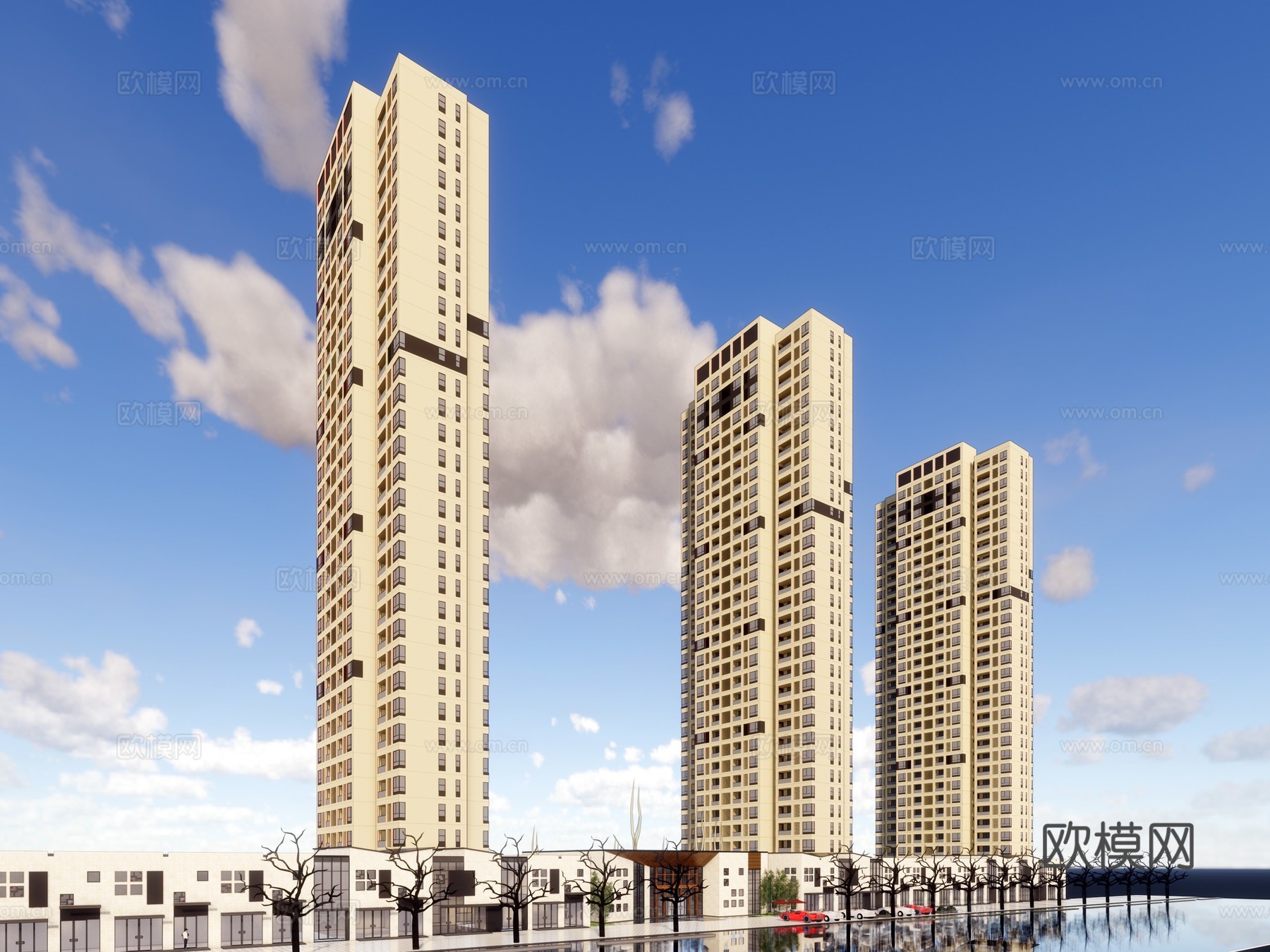 新中式会所建筑外观su模型下载