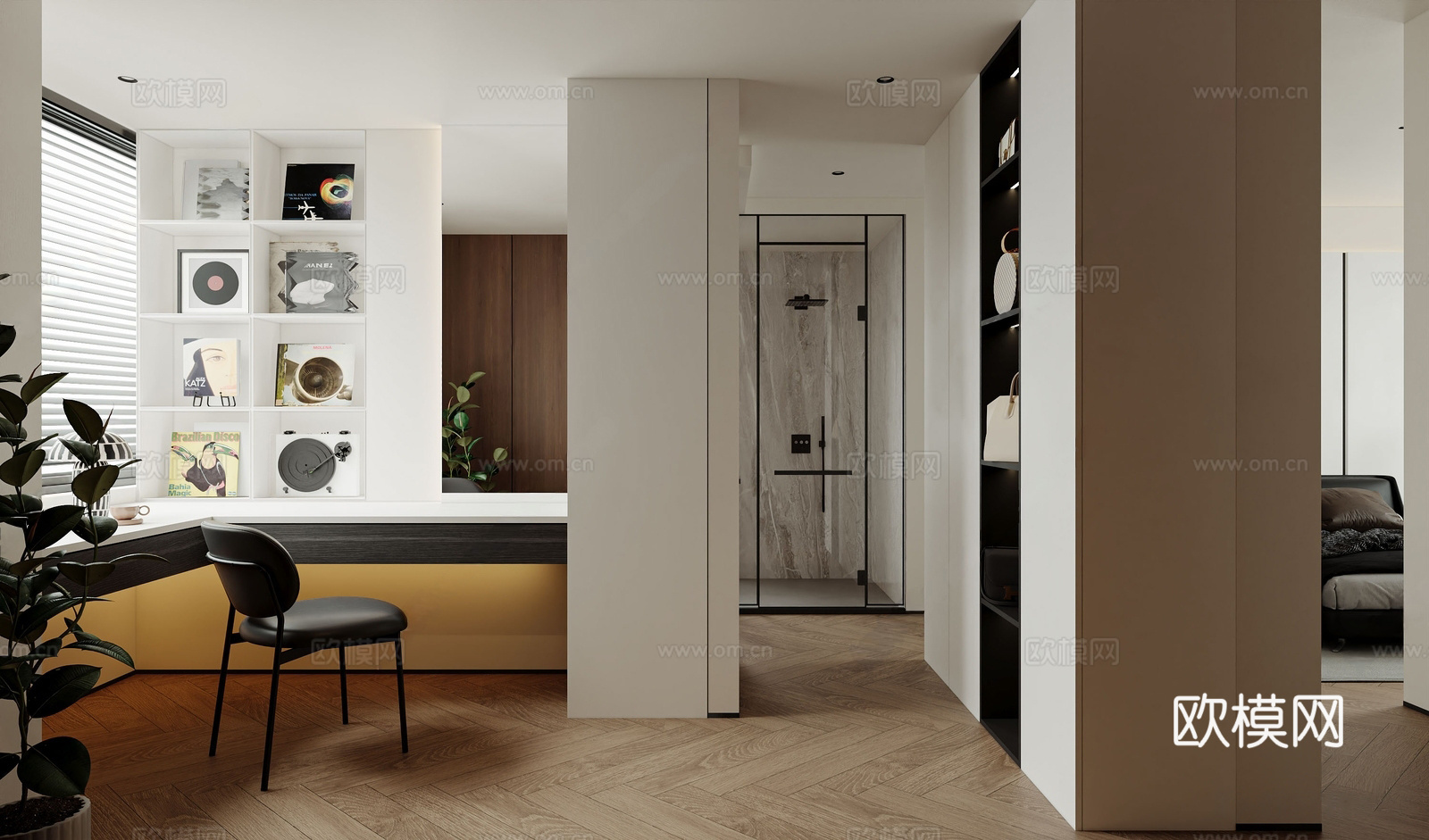 现代衣帽间 板式梳妆台 梳妆椅 板式衣柜 玻璃衣柜 盆栽 卫3d模型