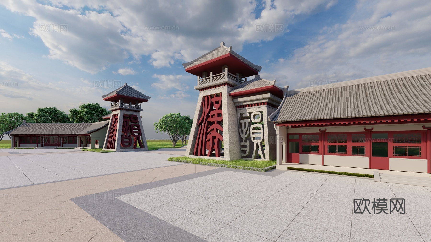 新中式湿地公园入口大门su模型下载