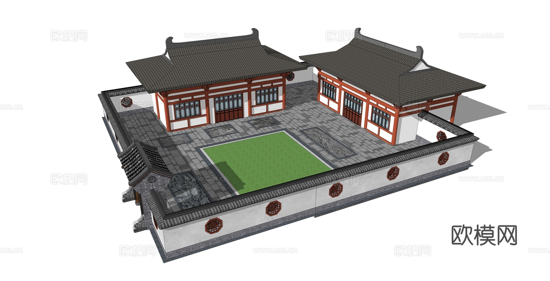 中式古建庭院外观su模型下载