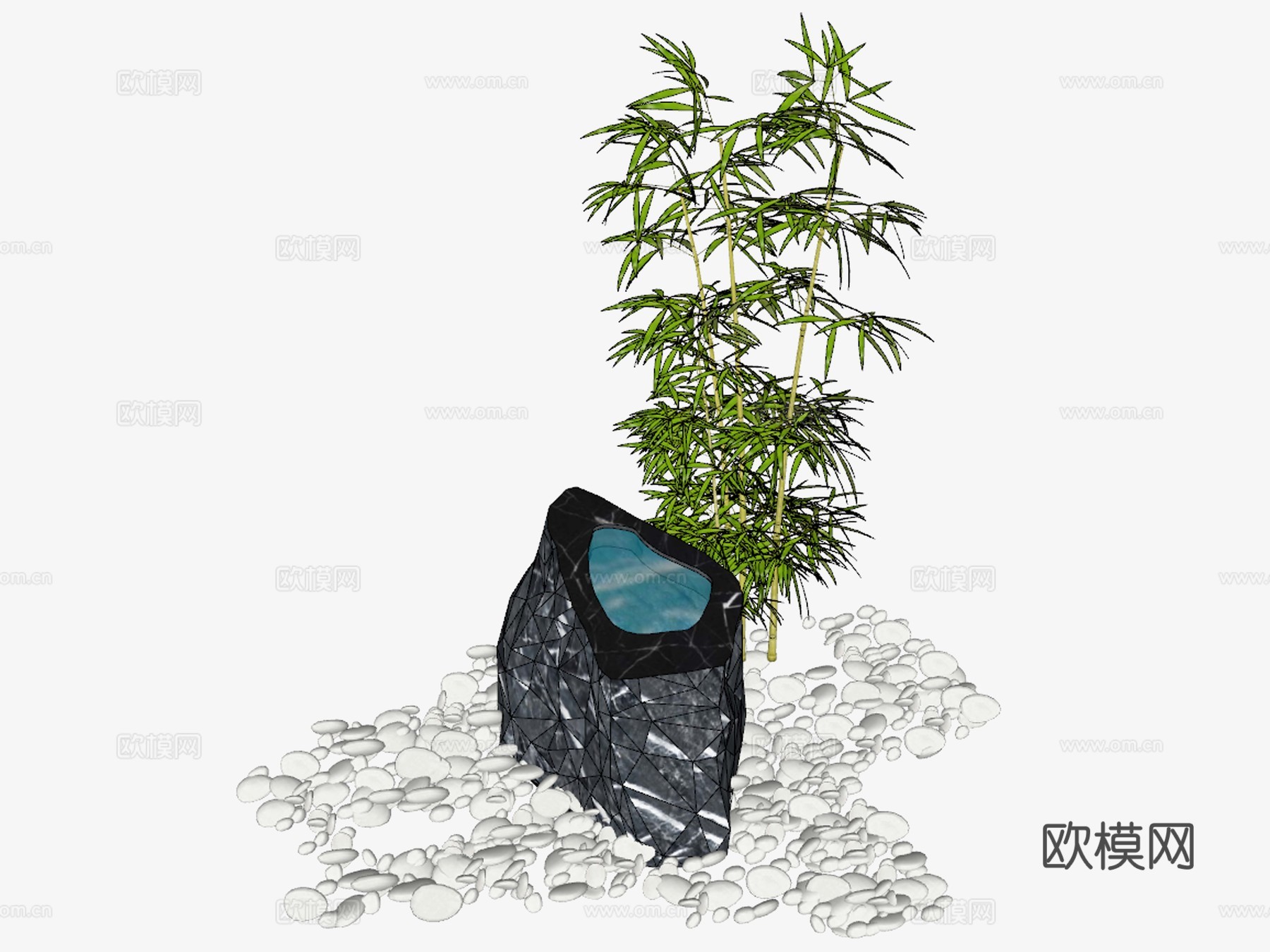 新中式黑山石水钵园艺小品su模型下载