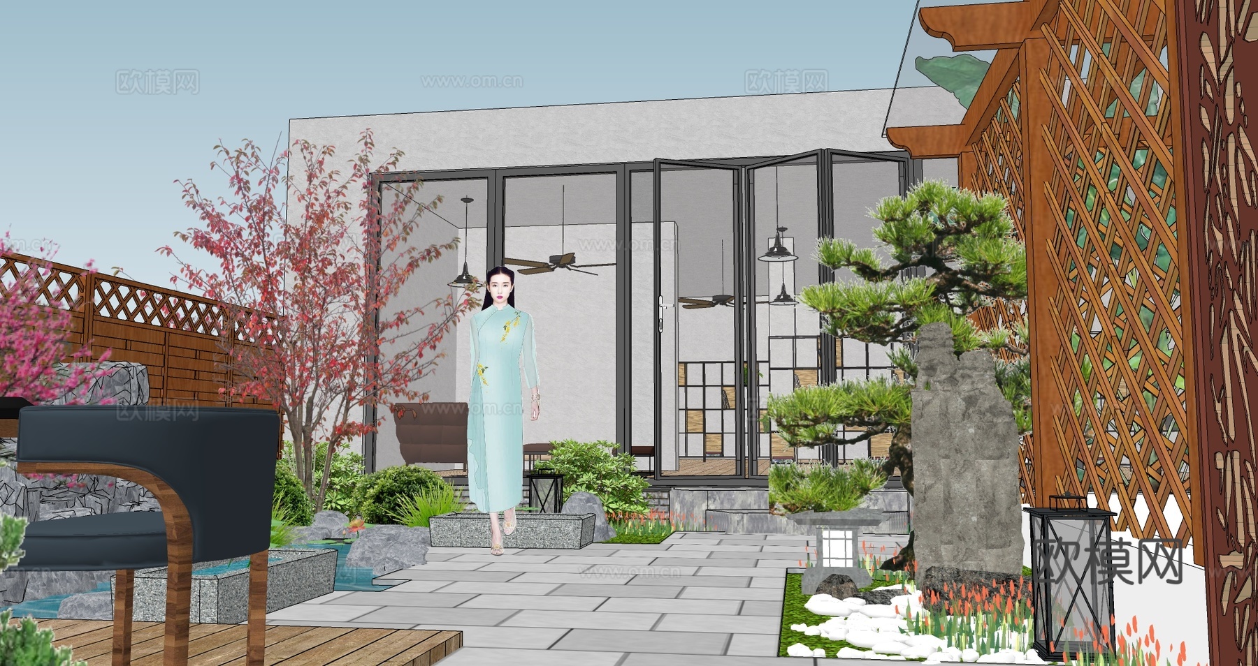 新中式庭院花园su模型下载