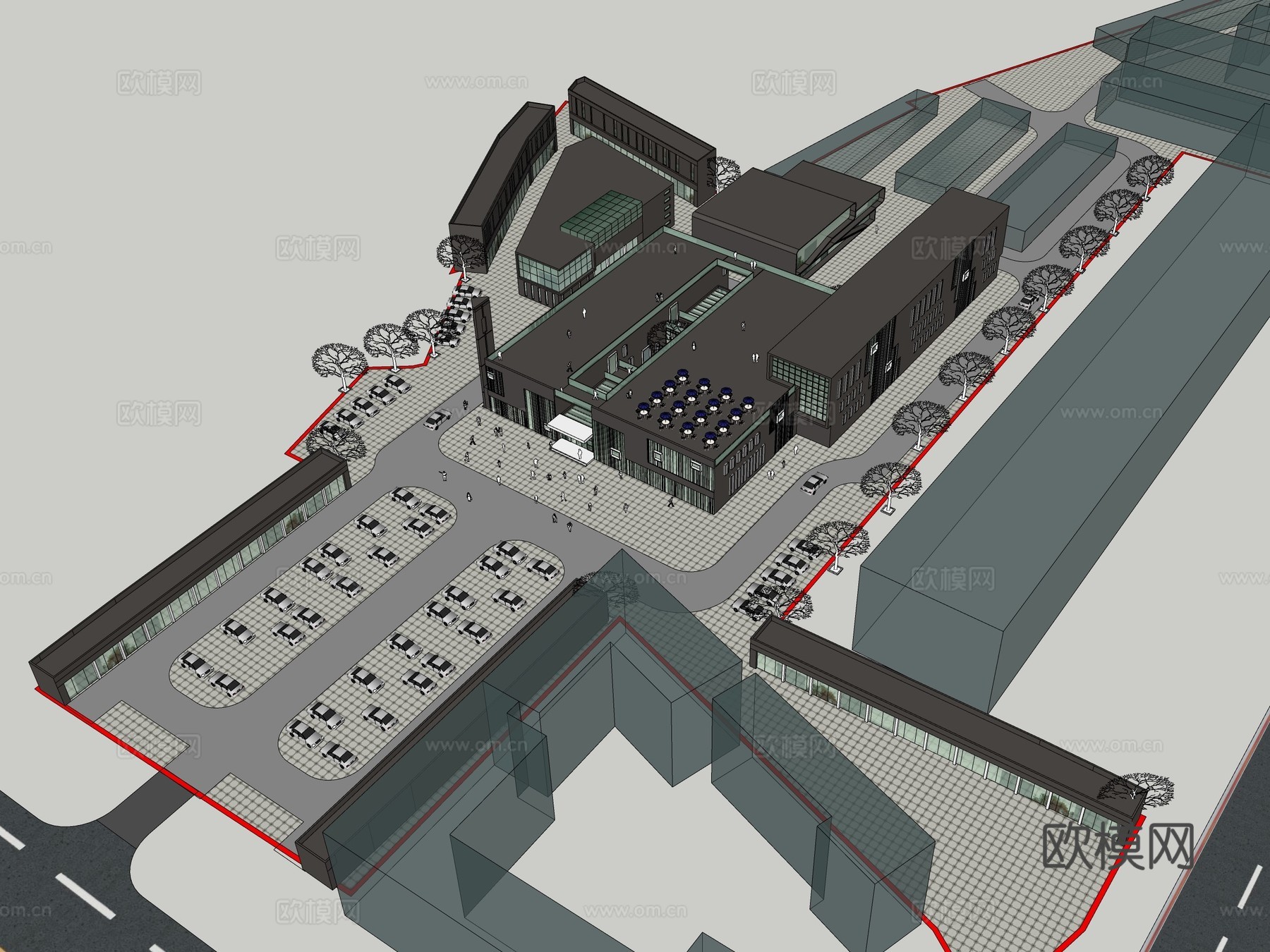 现代商业街鸟瞰su模型下载