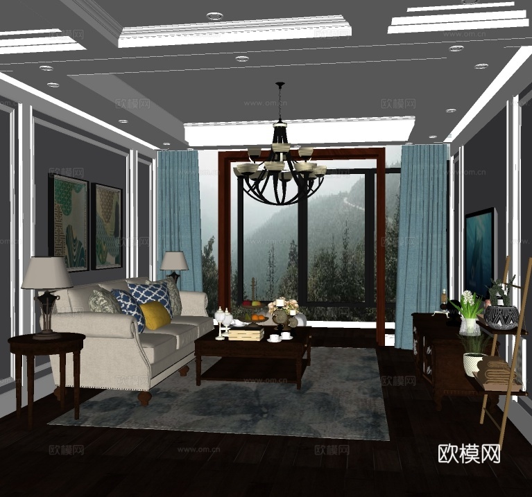 美式客厅su模型下载