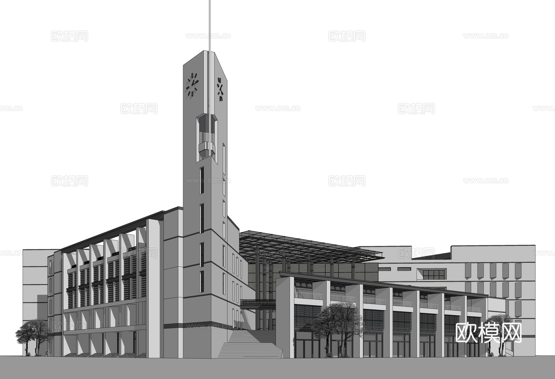 现代图书馆建筑外观su模型下载