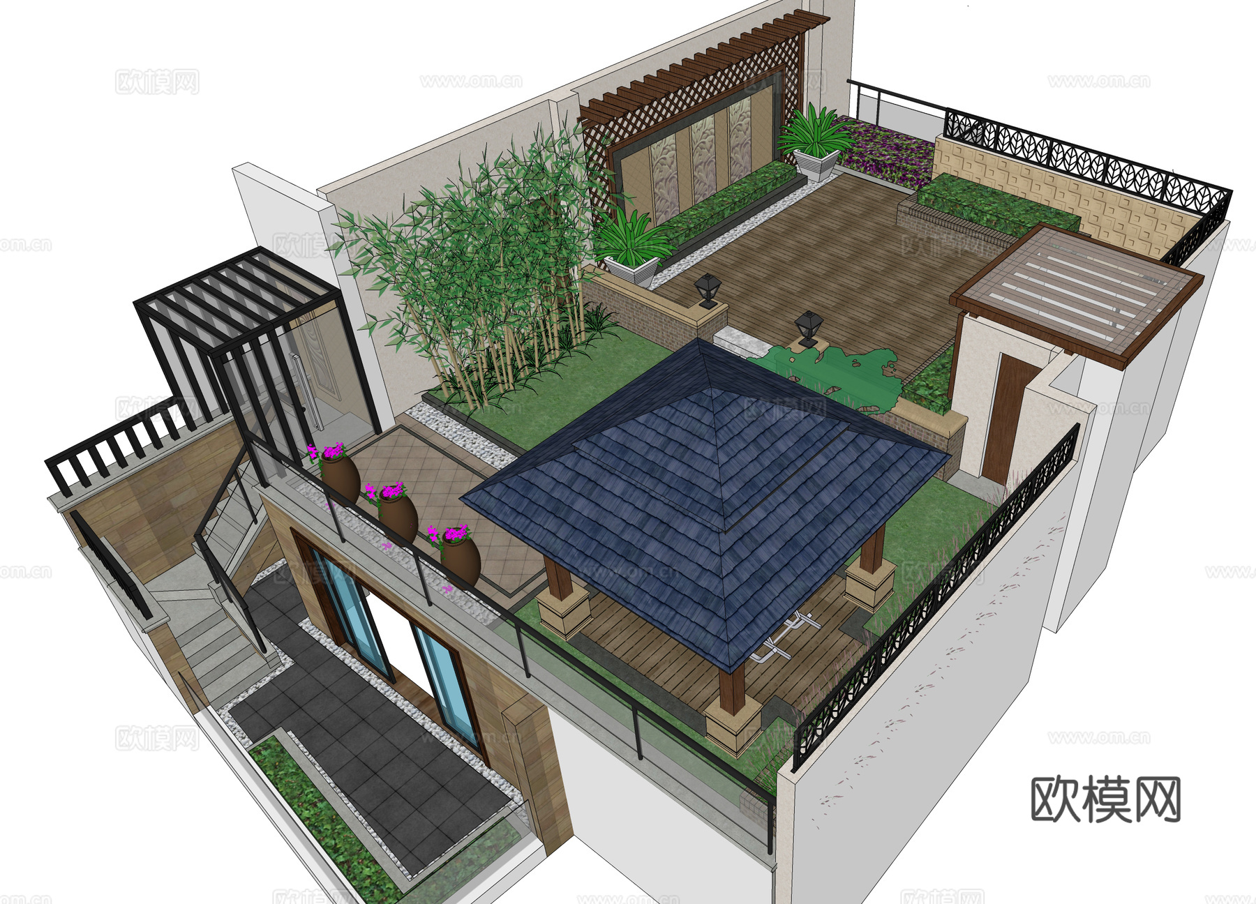 现代屋顶花园su模型下载