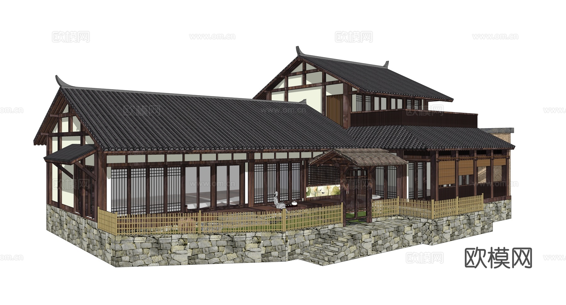 新中式古建民居外观su模型下载
