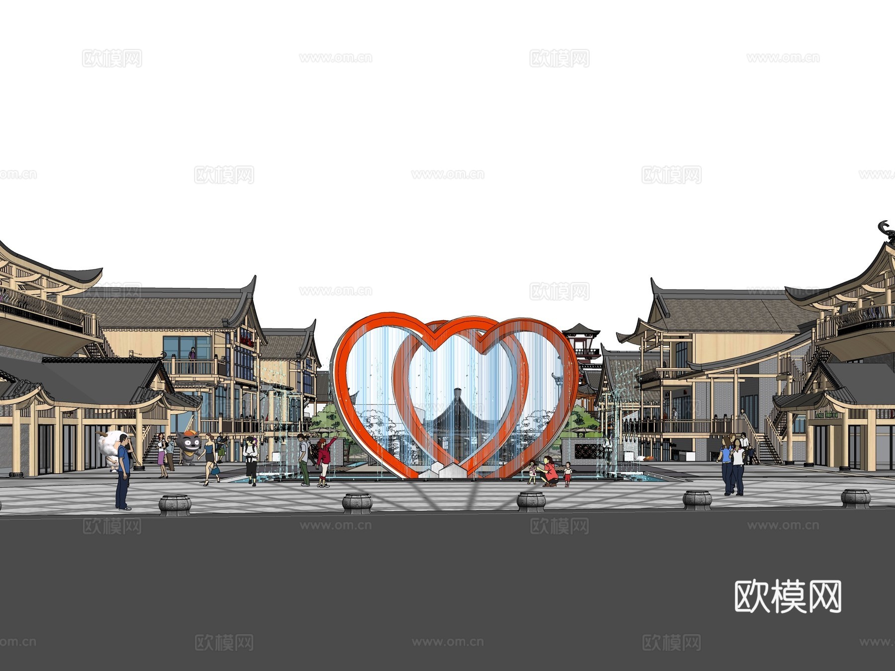 中式商业街su模型下载