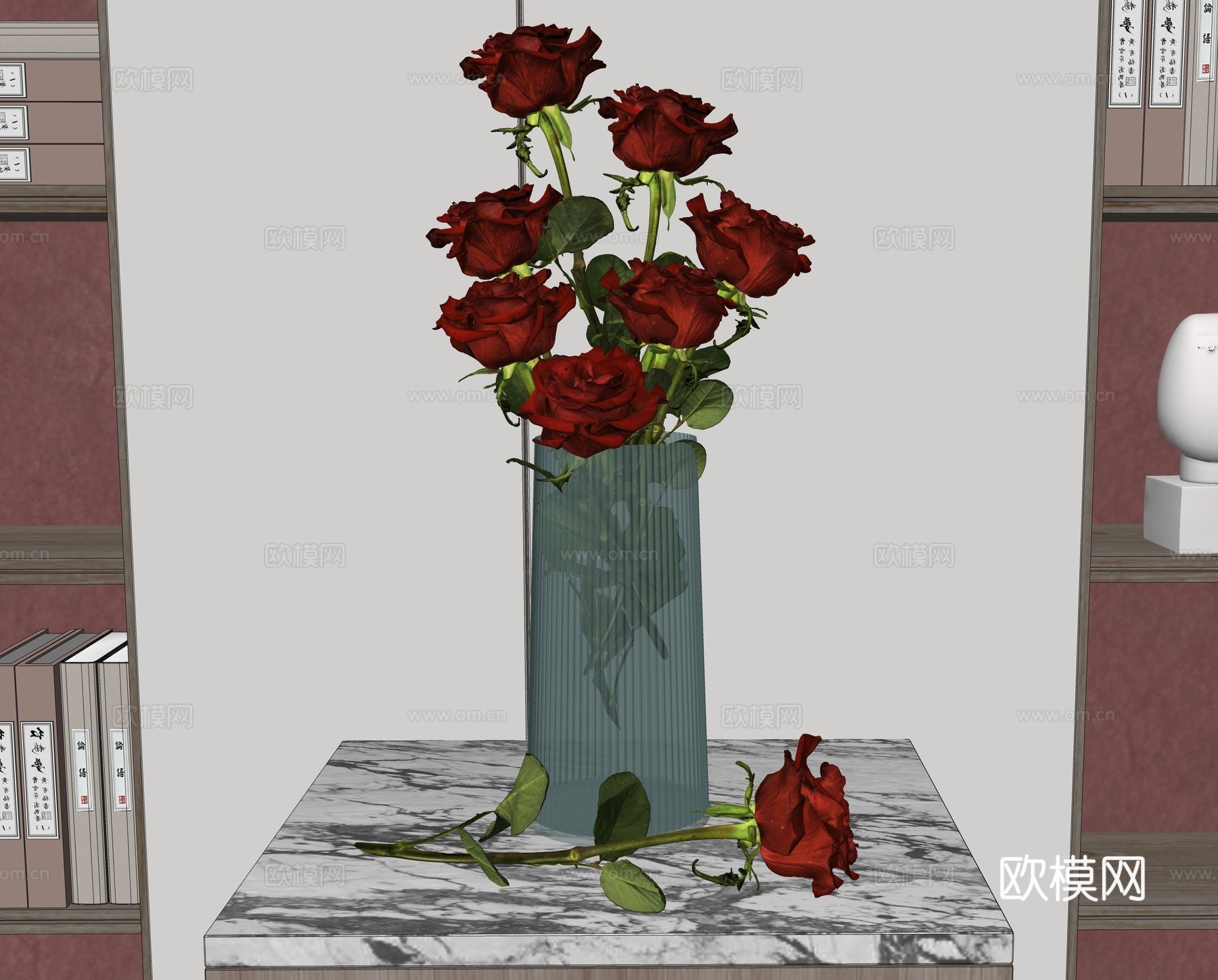 现代花艺 玻璃花瓶 红玫瑰插花 花瓶花艺插花 红玫瑰装饰摆件su模型
