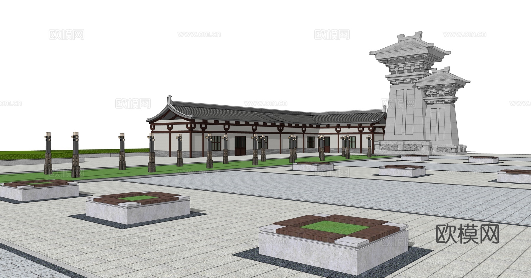 新中式休闲广场su模型下载