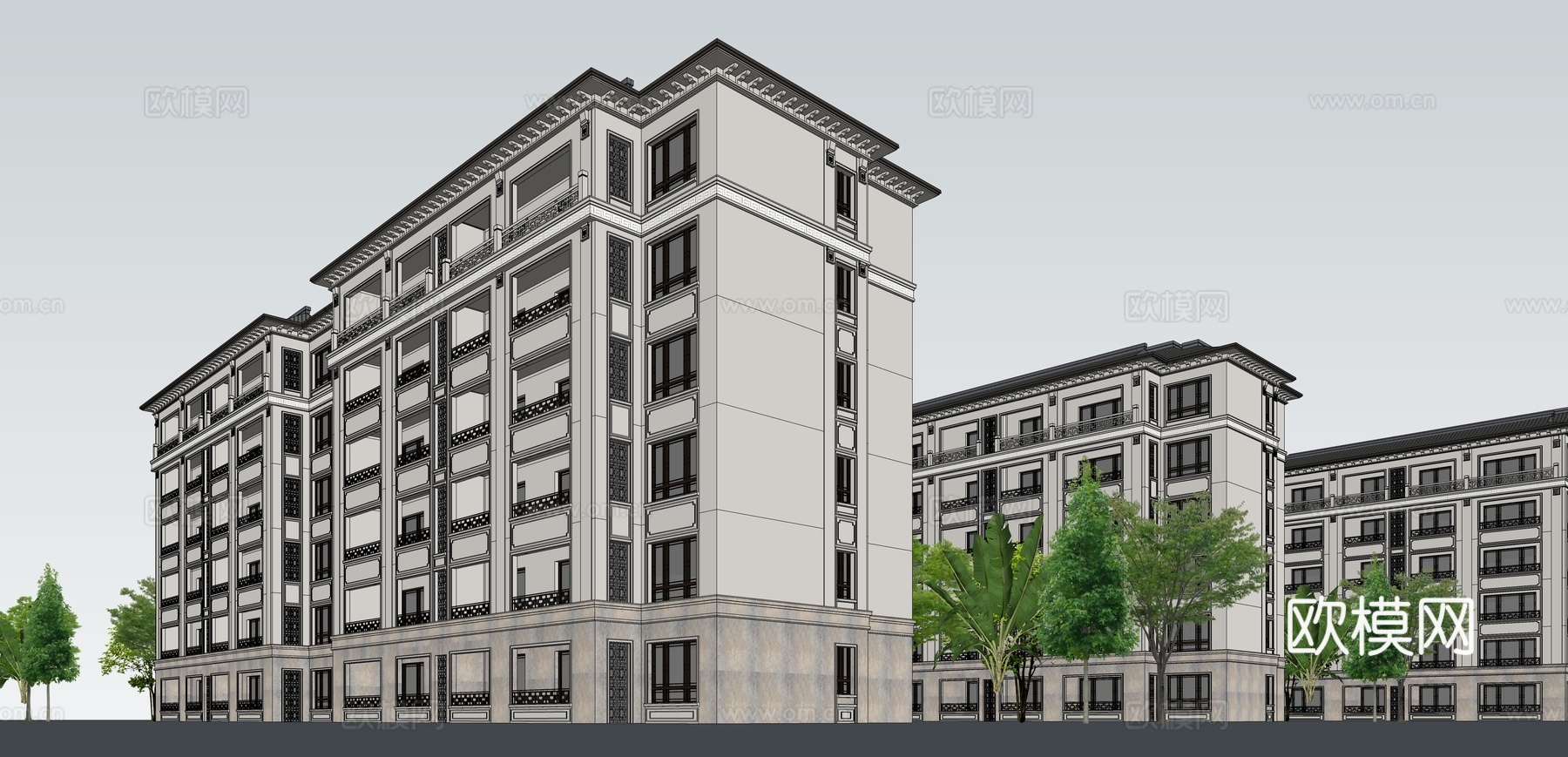 新中式住宅楼建筑外观su模型下载