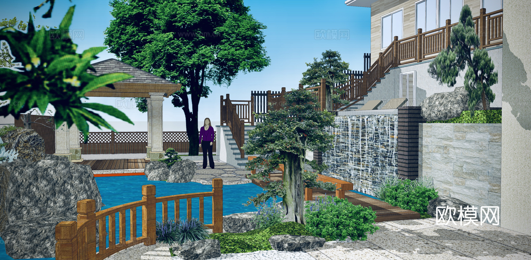 新中式庭院花园su模型下载