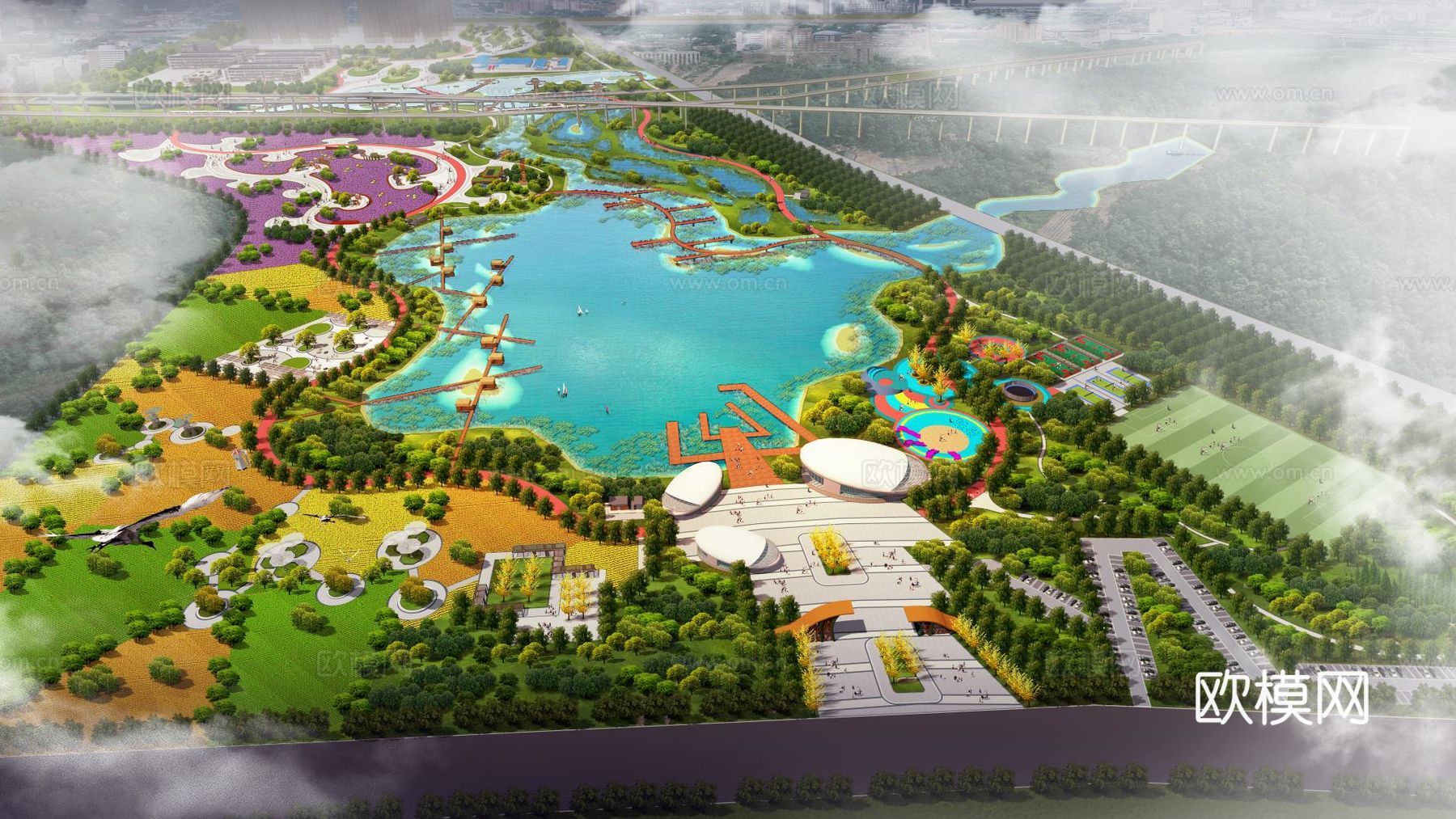 现代滨河湿地公园景观su模型下载