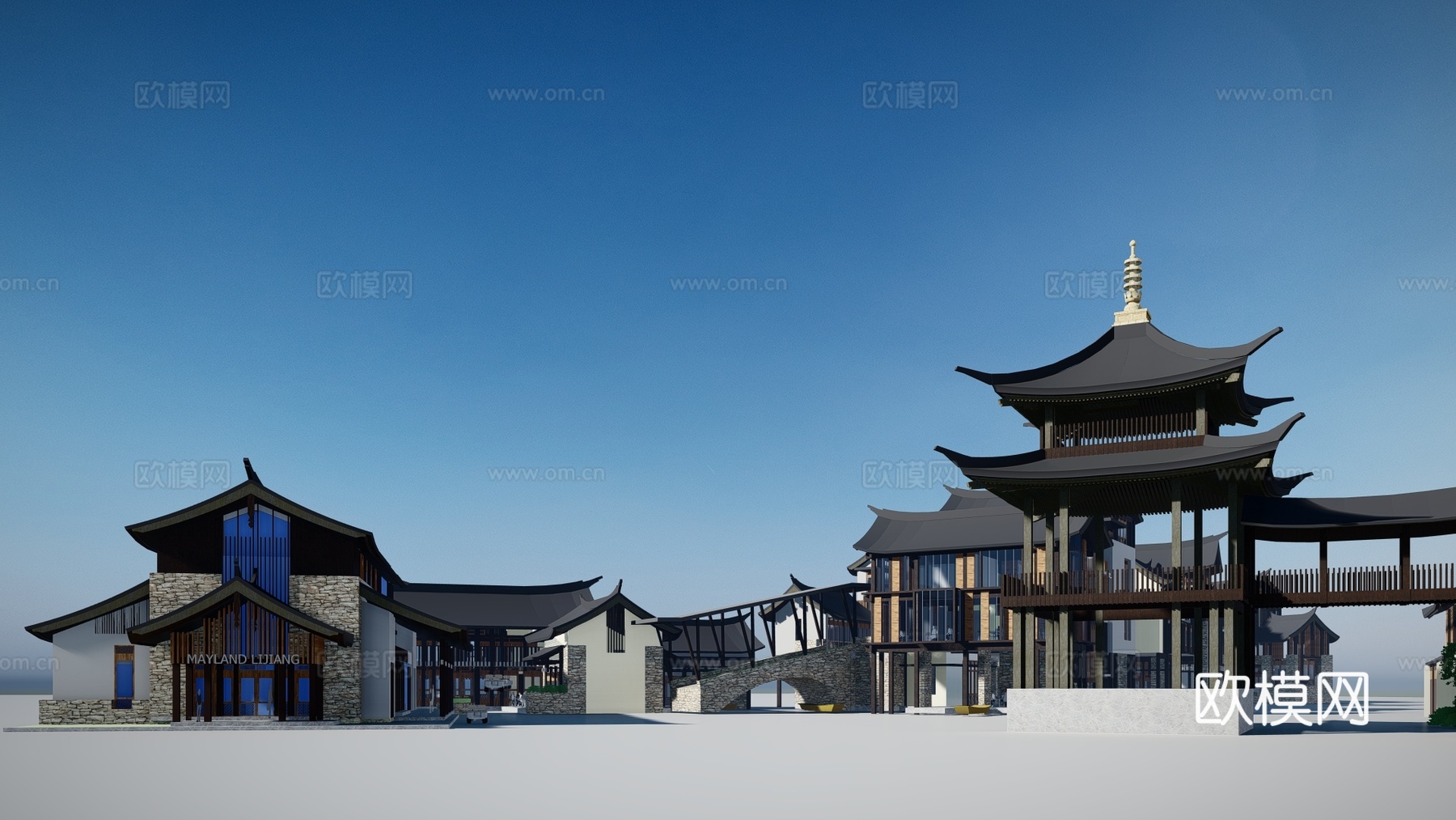 新中式酒店建筑外观su模型下载