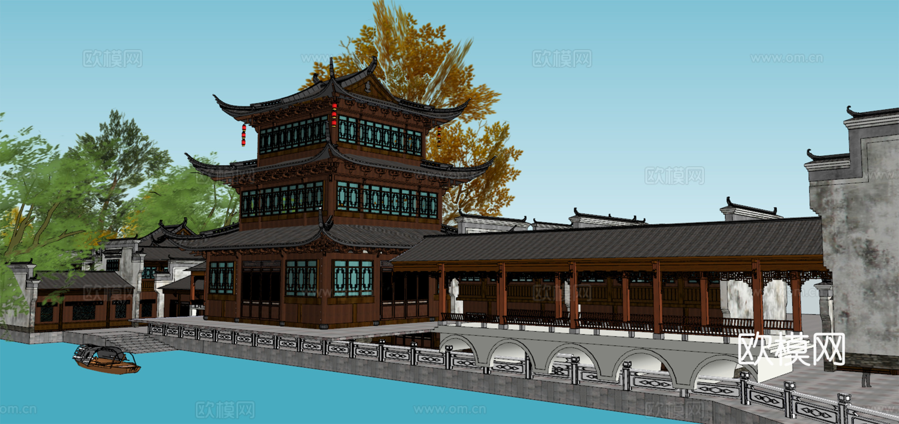 中式古建商业街su模型下载