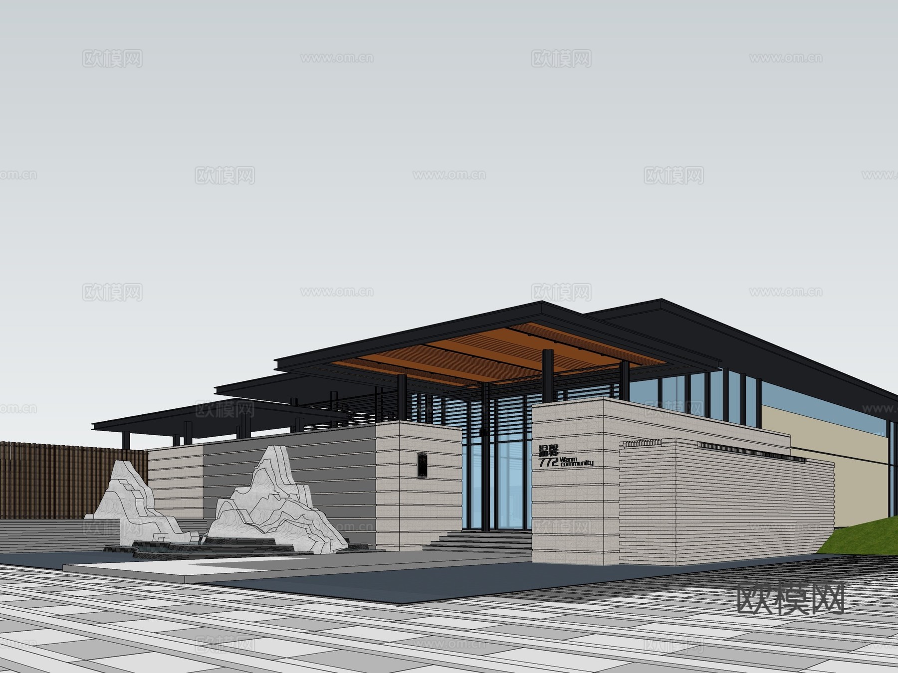 新中式售楼处su模型下载下载（渲染图1）