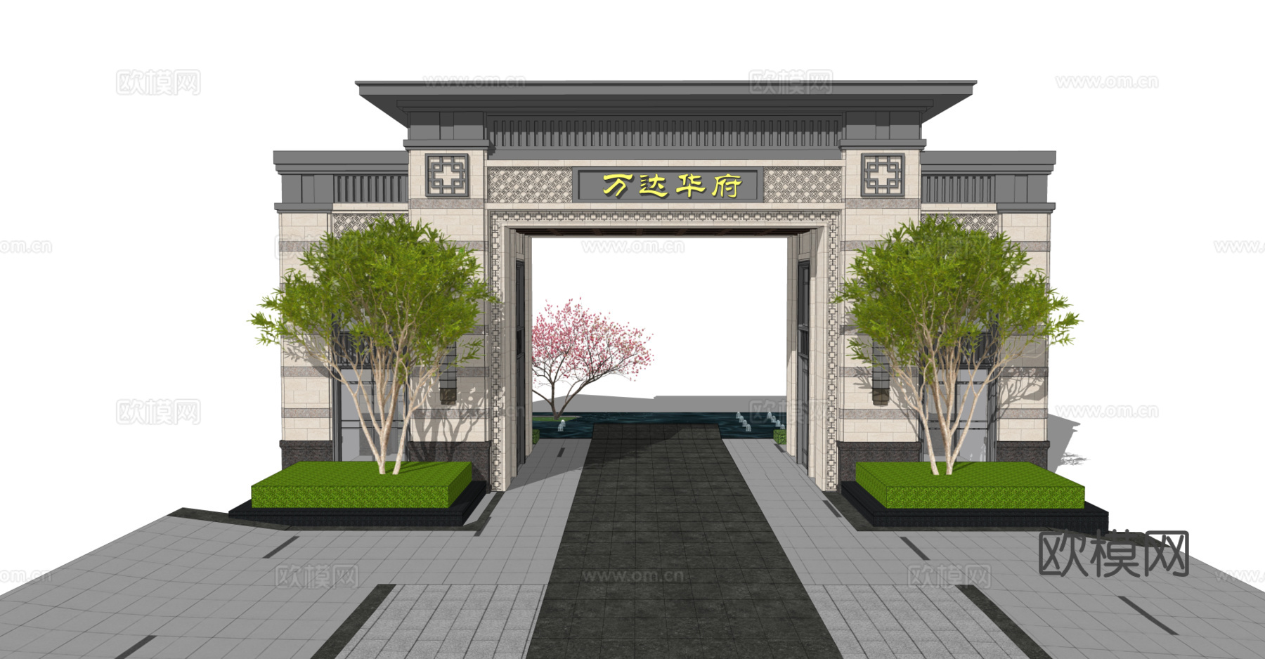 新中式入口大门su模型下载