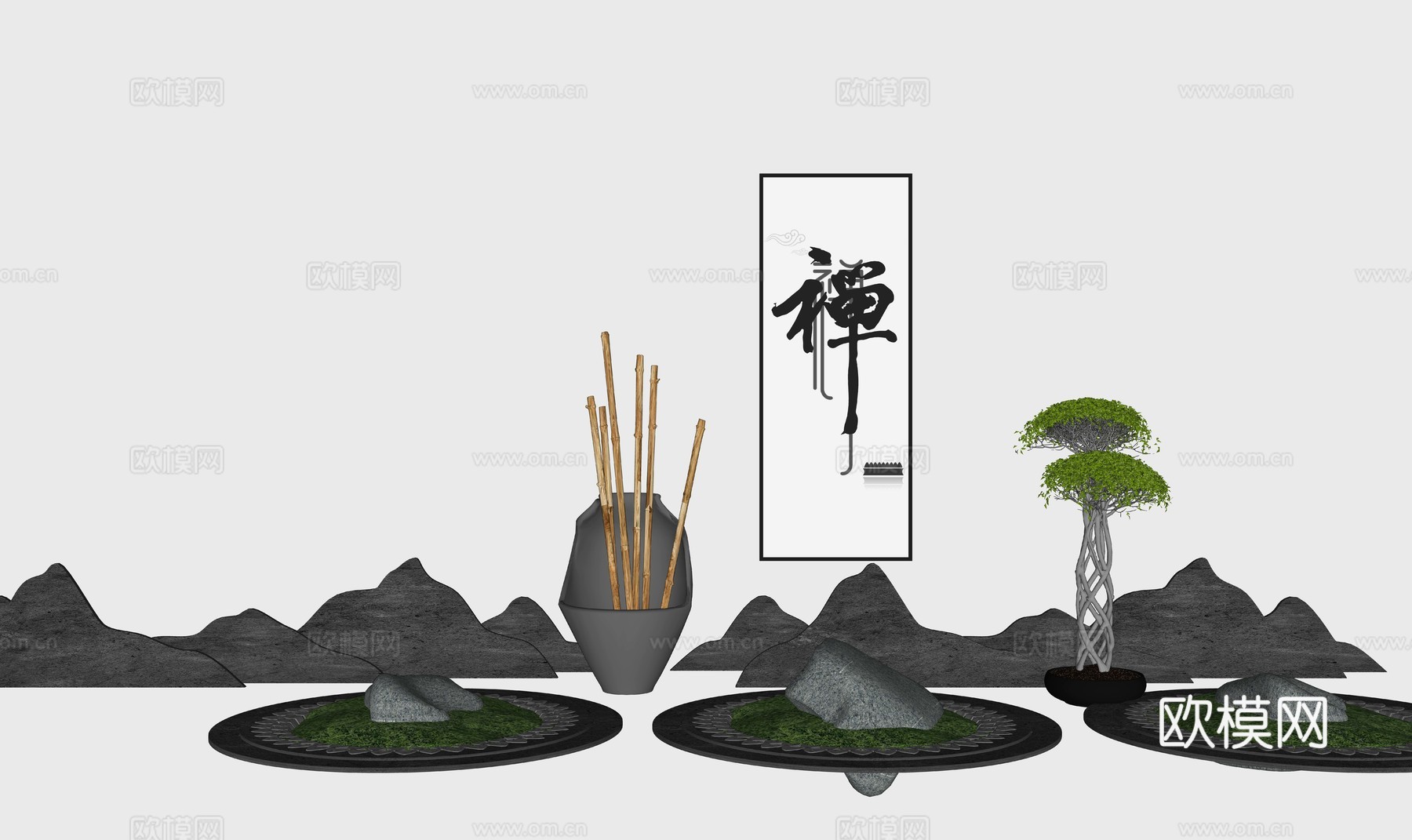 日式枯山水景观小品su模型下载