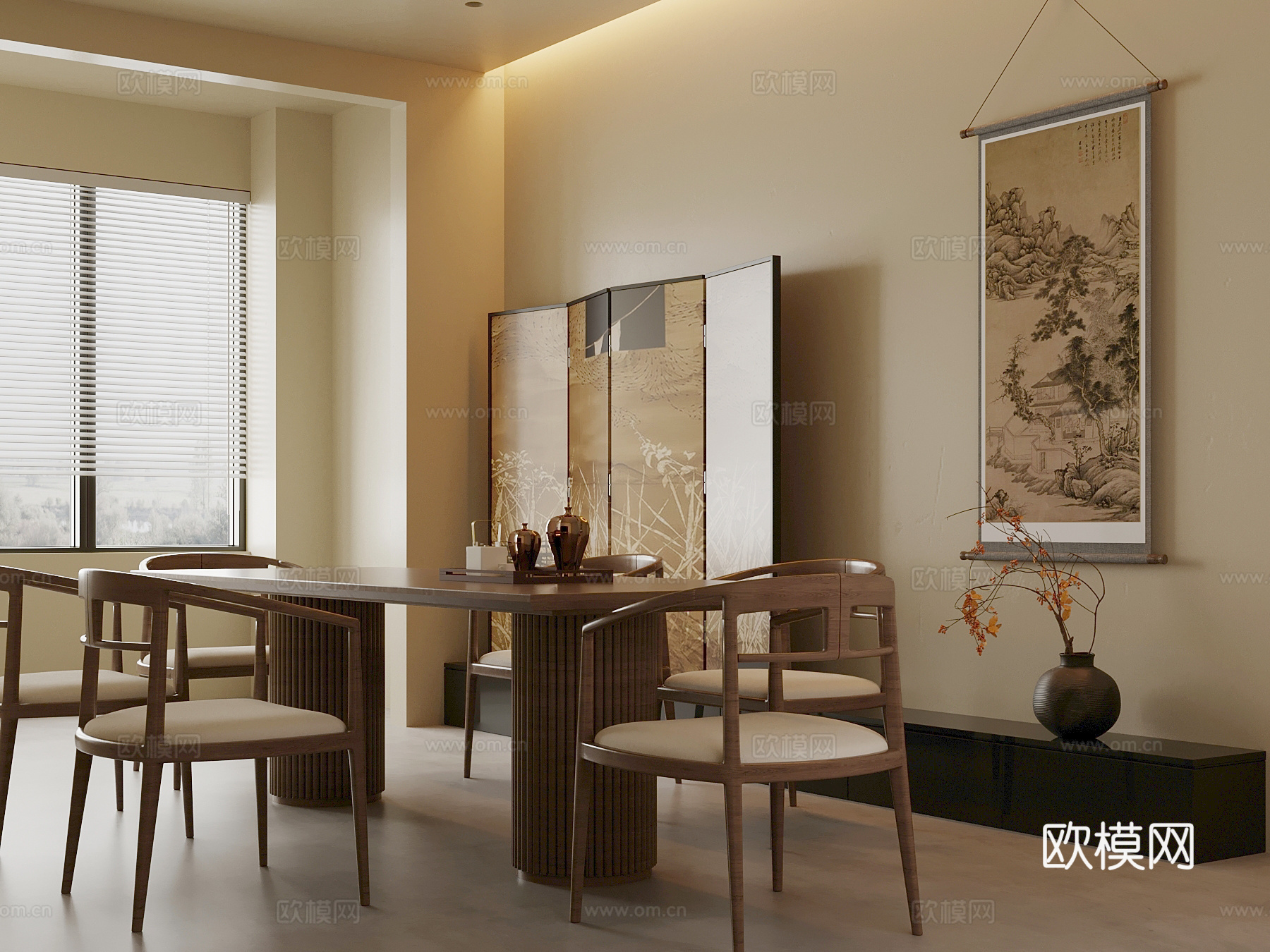 24新中式餐桌椅 挂画 屏风3d模型